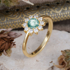 Flower Inspired Unique Cluster Ring Round Cut Moss Agate Engagement Ring