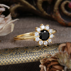 Flower Inspired Unique Cluster Ring Round Cut Black Onyx Engagement Ring