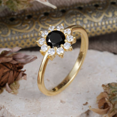 Flower Inspired Unique Cluster Ring Round Cut Black Onyx Engagement Ring