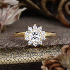 Flower Inspired Unique Cluster Ring Round Cut Lab Diamond Engagement Ring