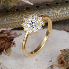 Flower Inspired Unique Cluster Ring Round Cut Lab Diamond Engagement Ring
