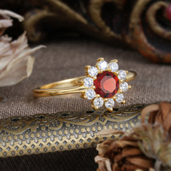 Flower Inspired Unique Cluster Ring Round Cut Garnet Engagement Ring
