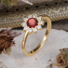 Flower Inspired Unique Cluster Ring Round Cut Garnet Engagement Ring