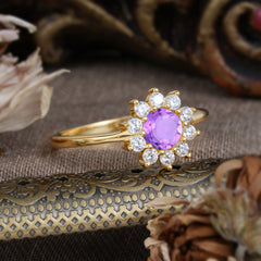 Flower Inspired Unique Cluster Ring Round Cut Amethyst Engagement Ring