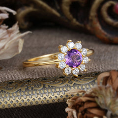 Flower Inspired Unique Cluster Ring Round Cut Amethyst Engagement Ring