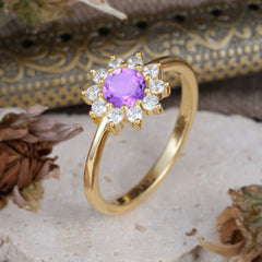 Flower Inspired Unique Cluster Ring Round Cut Amethyst Engagement Ring