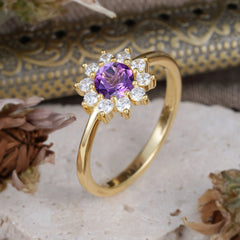 Flower Inspired Unique Cluster Ring Round Cut Amethyst Engagement Ring