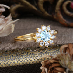Flower Inspired Unique Cluster Ring Round Cut Aquamarine Engagement Ring