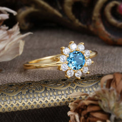 Flower Inspired Unique Cluster Ring Round Cut Aquamarine Engagement Ring