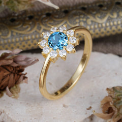 Flower Inspired Unique Cluster Ring Round Cut Aquamarine Engagement Ring