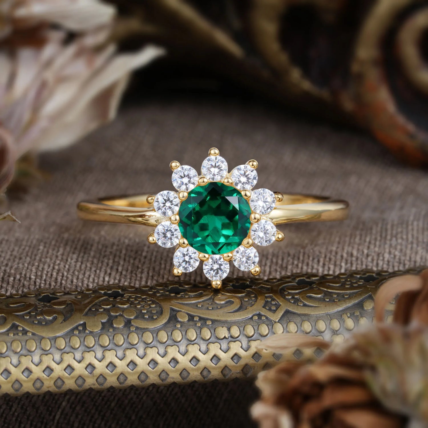 Flower Inspired Unique Cluster Ring Round Cut Emerald Engagement Ring