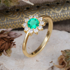 Flower Inspired Unique Cluster Ring Round Cut Emerald Engagement Ring