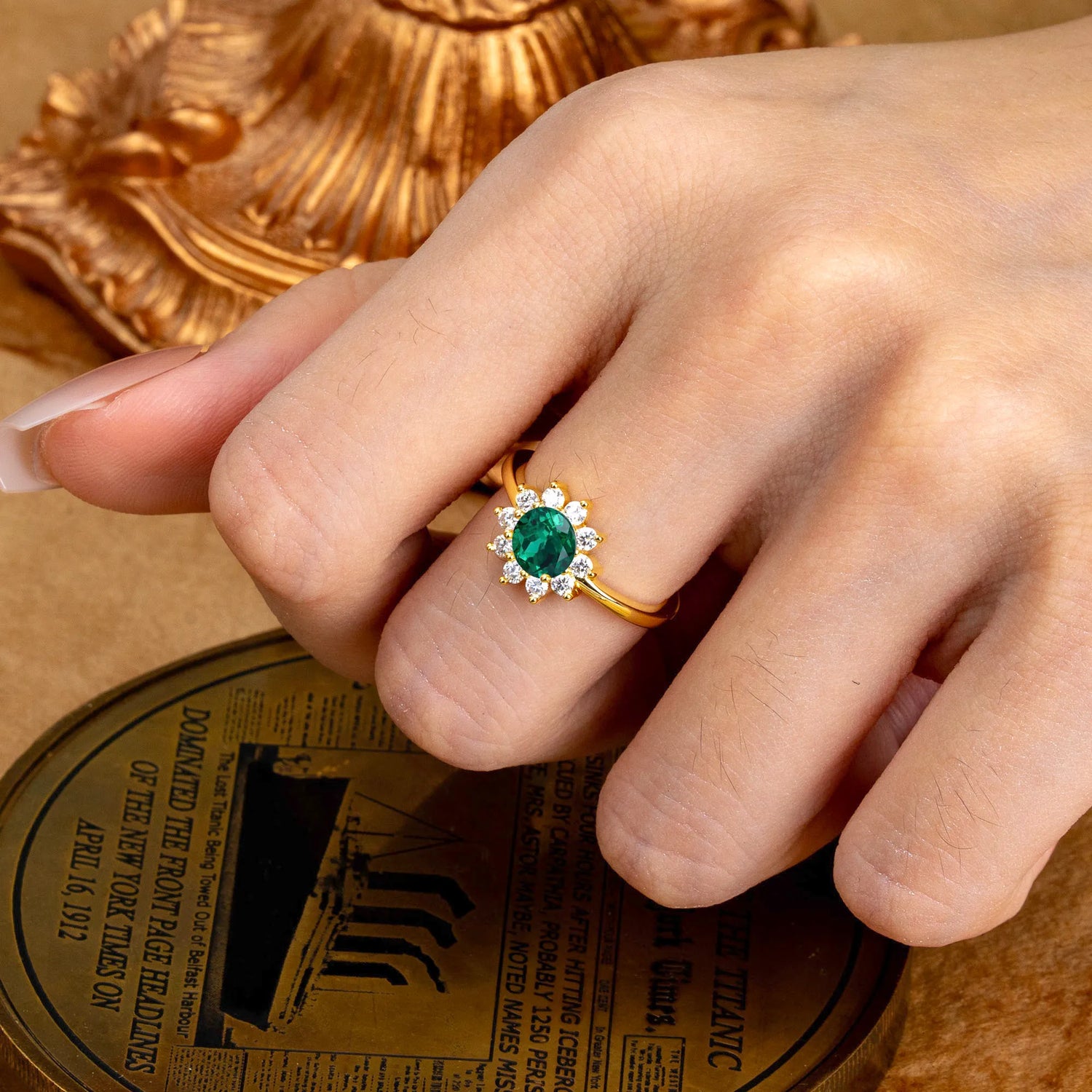 Flower Inspired Unique Cluster Ring Round Cut Emerald Engagement Ring