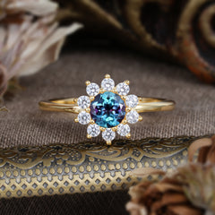 Flower Inspired Unique Cluster Ring Round Cut Alexandrite Engagement Ring