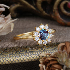 Flower Inspired Unique Cluster Ring Round Cut Alexandrite Engagement Ring