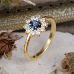 Flower Inspired Unique Cluster Ring Round Cut Alexandrite Engagement Ring