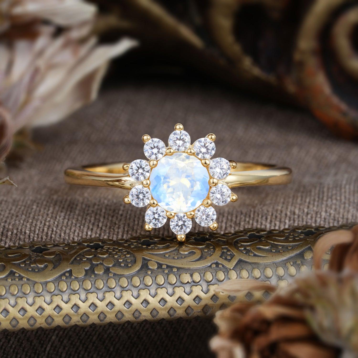 Flower Inspired Unique Cluster Ring Round Cut Natural Moonstone Engagement Ring - Romalar Jewelry