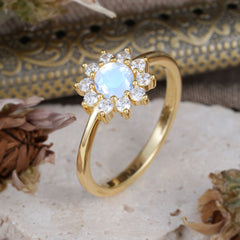 Flower Inspired Unique Cluster Ring Round Cut Natural Moonstone Engagement Ring