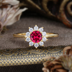 Flower Inspired Unique Cluster Ring Round Cut Ruby Engagement Ring