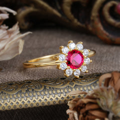 Flower Inspired Unique Cluster Ring Round Cut Ruby Engagement Ring