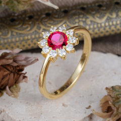 Flower Inspired Unique Cluster Ring Round Cut Ruby Engagement Ring