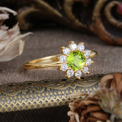 Flower Inspired Unique Cluster Ring Round Cut Peridot Engagement Ring