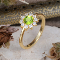Flower Inspired Unique Cluster Ring Round Cut Peridot Engagement Ring