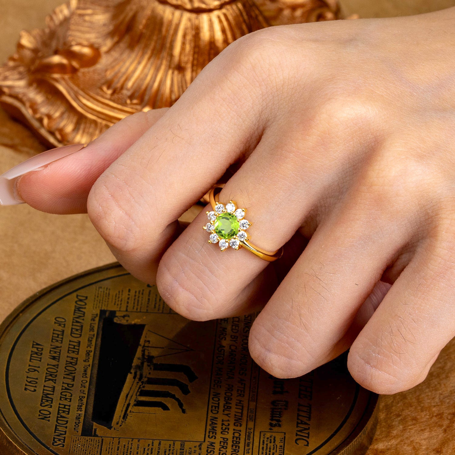 Flower Inspired Unique Cluster Ring Round Cut Peridot Engagement Ring