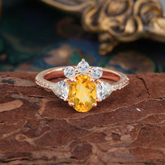 2 Carat Cluster Citrine Promise Ring Unique Oval Shaped Pave Halo Ring