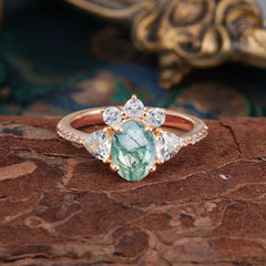 2 Carat Cluster Moss Agate Promise Ring Unique Oval Shaped Pave Halo Ring