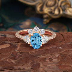 2 Carat Cluster Aquamarine Promise Ring Unique Oval Shaped Pave Halo Ring