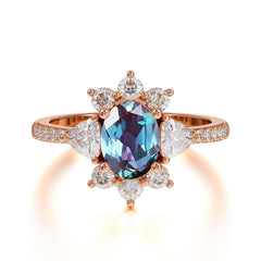 2 Carat Cluster Alexandrite Promise Ring Unique Oval Shaped Pave Halo Ring