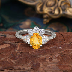 2 Carat Cluster Citrine Promise Ring Unique Oval Shaped Pave Halo Ring