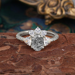 2 Carat Cluster Black Rutilated Quartz Promise Ring Unique Oval Shaped Pave Halo Ring