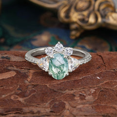 2 Carat Cluster Moss Agate Promise Ring Unique Oval Shaped Pave Halo Ring