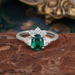 2 Carat Cluster Emerald Promise Ring Unique Oval Shaped Pave Halo Ring