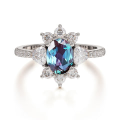 2 Carat Cluster Alexandrite Promise Ring Unique Oval Shaped Pave Halo Ring