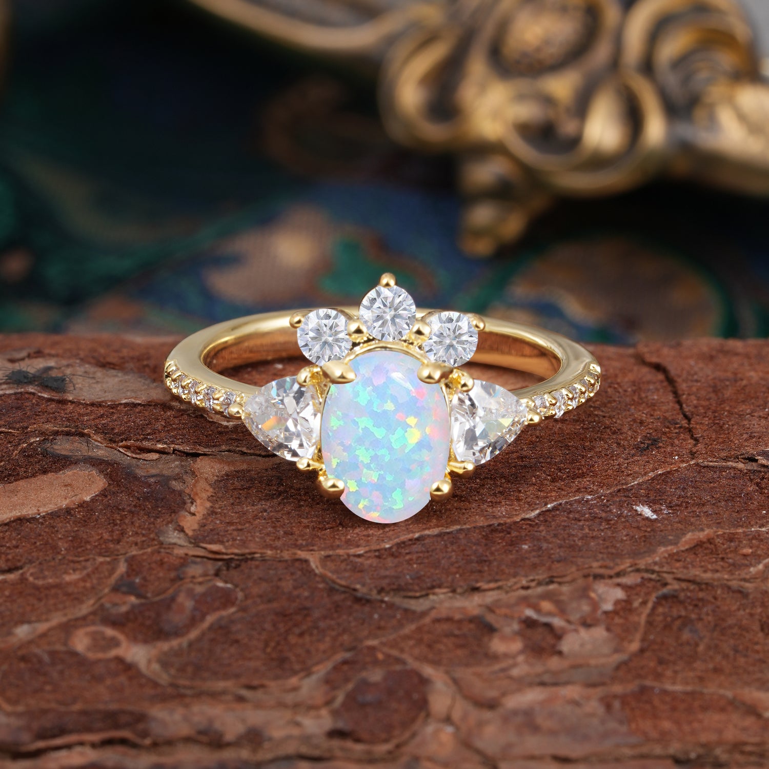 2 Carat Cluster Opal Unique Oval Shaped Engagement Ring