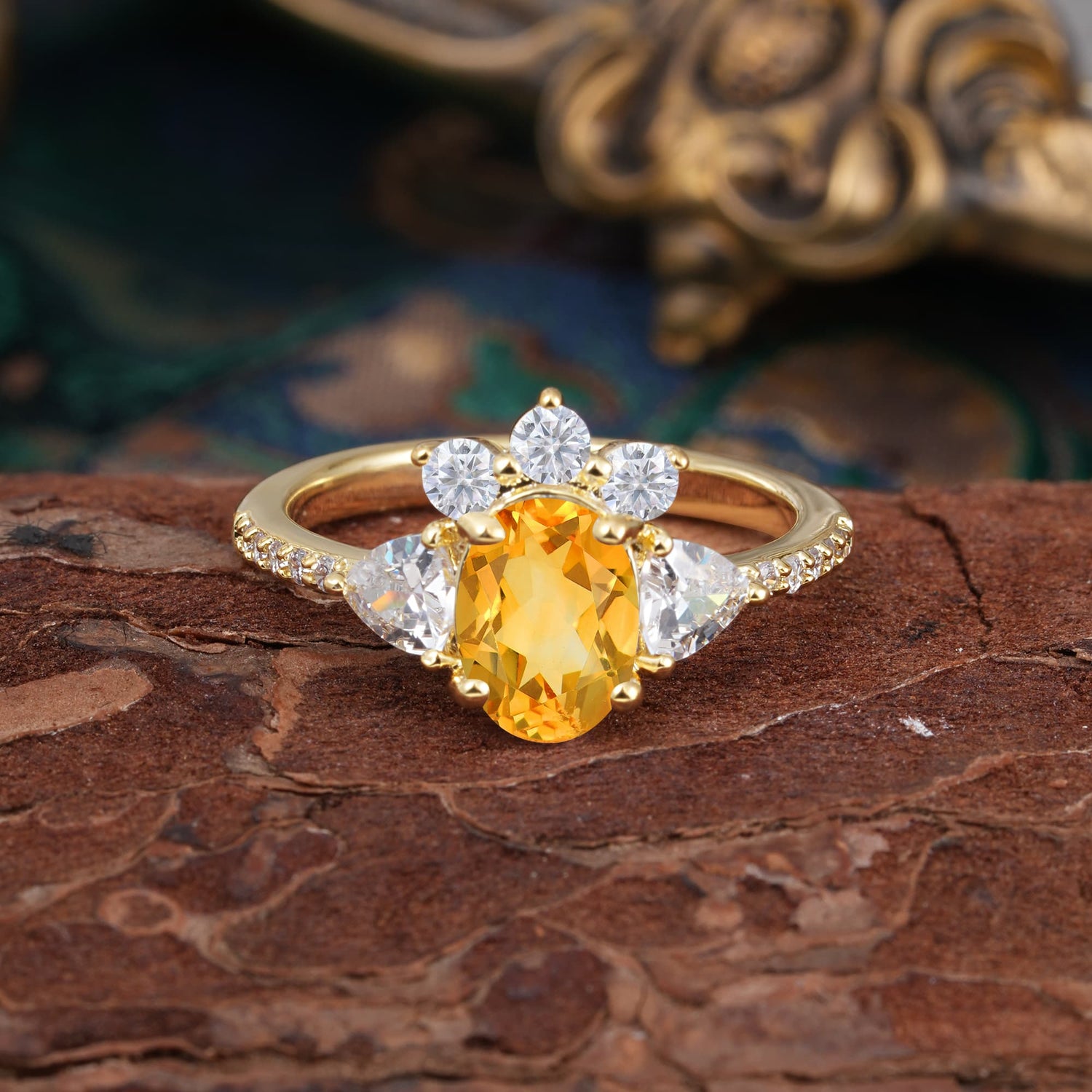 2 Carat Cluster Citrine Promise Ring Unique Oval Shaped Pave Halo Ring