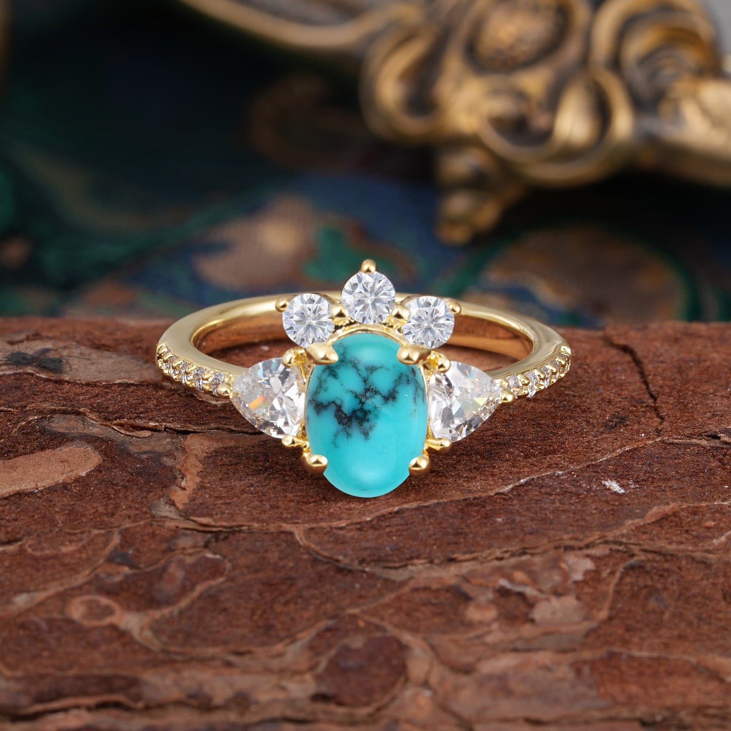 2 Carat Cluster Turquoise Unique Oval Shaped Engagement Ring