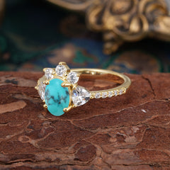 2 Carat Cluster Turquoise Promise Ring Unique Oval Shaped Pave Halo Ring