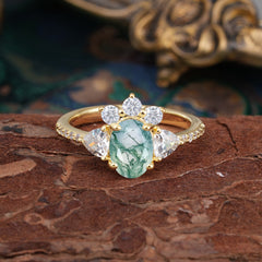 2 Carat Cluster Moss Agate Promise Ring Unique Oval Shaped Pave Halo Ring