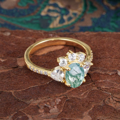 2 Carat Cluster Moss Agate Promise Ring Unique Oval Shaped Pave Halo Ring