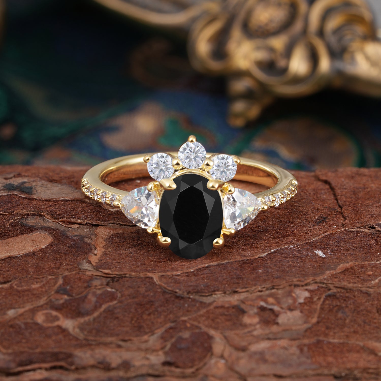 2 Carat Cluster Black Onyx Unique Oval Shaped Engagement Ring