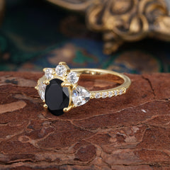 2 Carat Cluster Black Onyx Promise Ring Unique Oval Shaped Pave Halo Ring