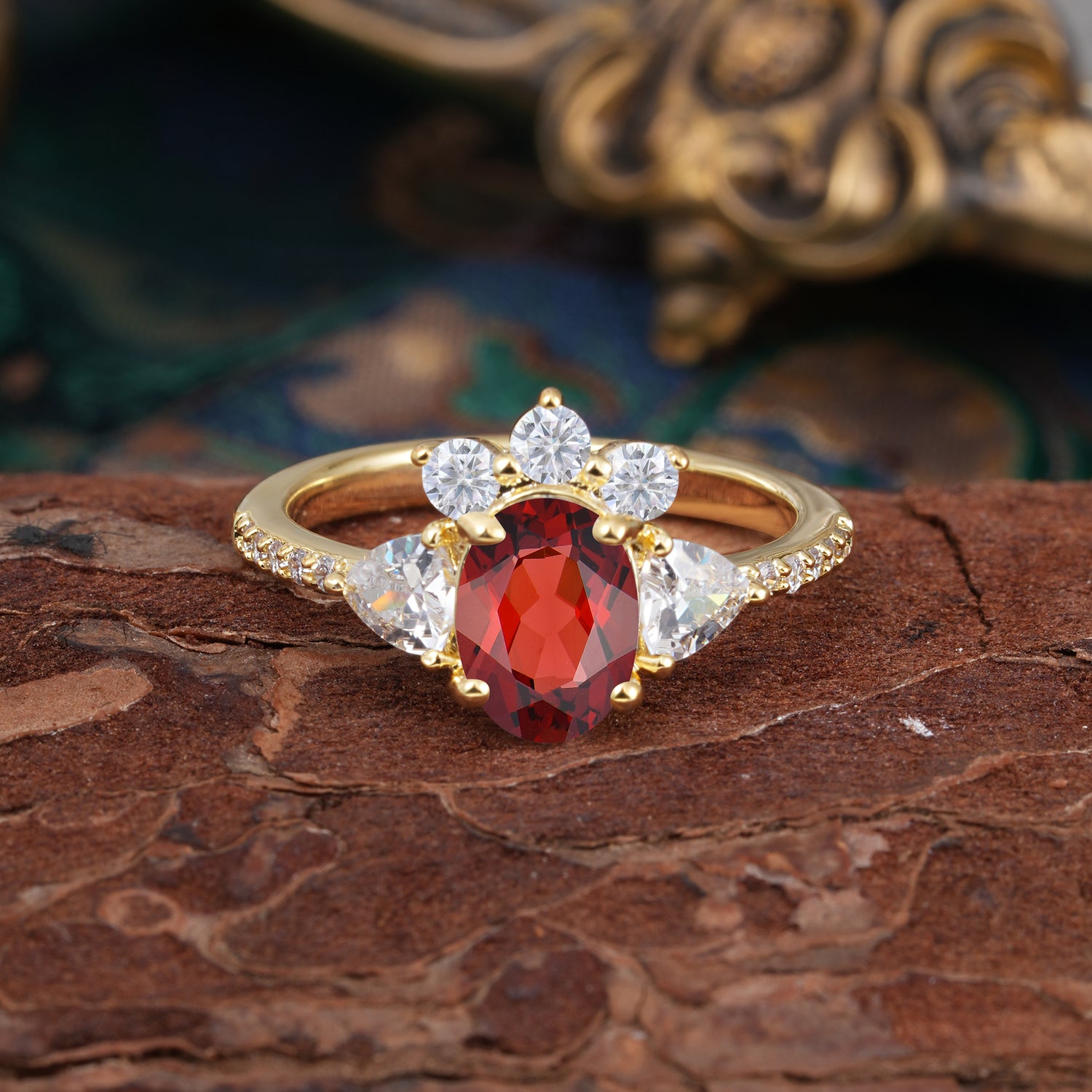 2 Carat Cluster Garnet Unique Oval Shaped Engagement Ring