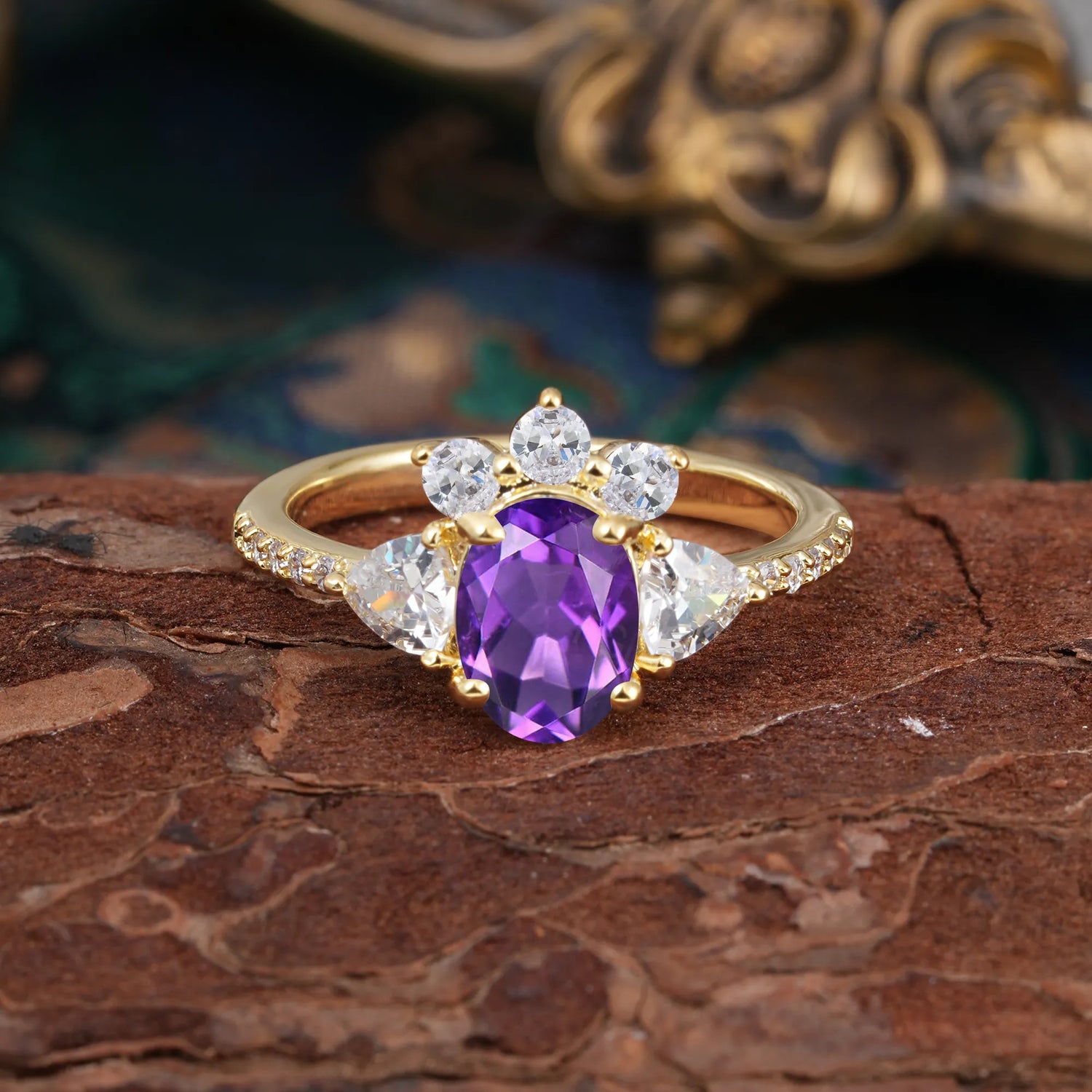 2 Carat Cluster Amethyst Unique Oval Shaped Engagement Ring