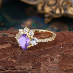 2 Carat Cluster Amethyst Promise Ring Unique Oval Shaped Pave Halo Ring