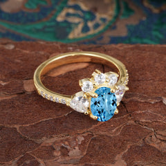 2 Carat Cluster Aquamarine Promise Ring Unique Oval Shaped Pave Halo Ring