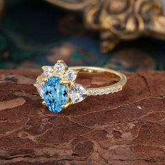 2 Carat Cluster Aquamarine Promise Ring Unique Oval Shaped Pave Halo Ring